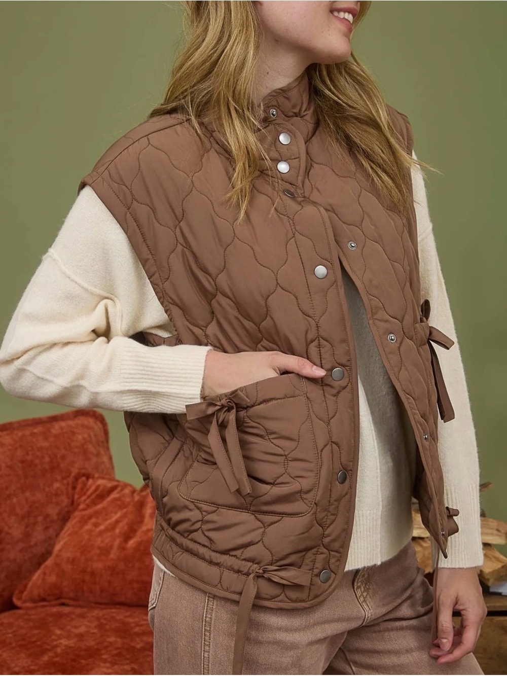 Blu Pepper “Puff n Bows” Quilted Brown Women's Vest  sz S
